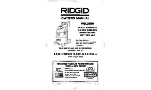 RIDGID Vacuum Cleaner WD1850 User Manual