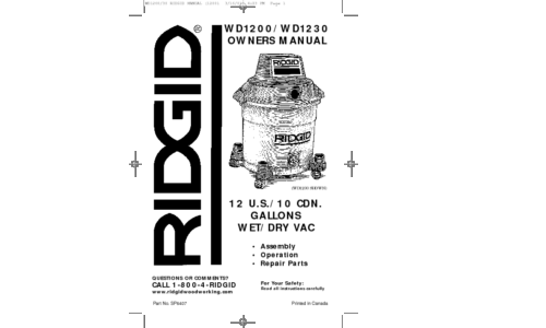 RIDGID Vacuum Cleaner WD1200 User Manual