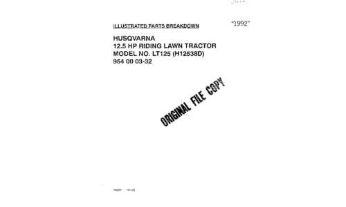 Husqvarna IPL LT 125 (H12538D) 954000332 1991-10 Ride Mower User Manual