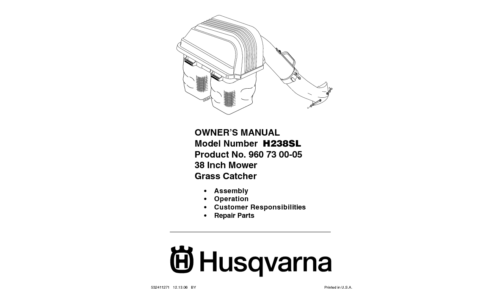 Husqvarna H 238 SL Grass Catcher 960730005 2006-12 Accessory (Ride Mower) User Manual