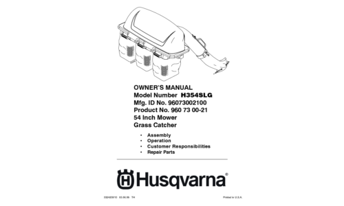 Husqvarna 354 SLG Grass Catcher 96073002100 2008-10 Accessory Ride Mower User Manual