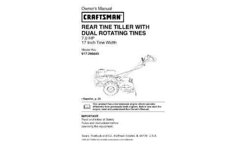 Craftsman Tiller 917.29604 User Manual