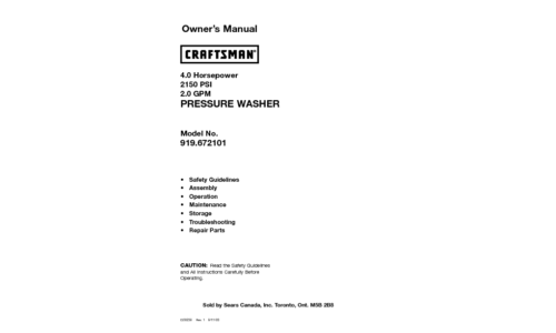 Craftsman Pressure Washer 9195672101 User Manual