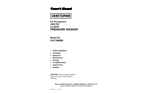 Craftsman Pressure Washer 919.769060 User Manual