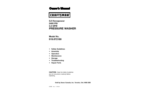 Craftsman Pressure Washer 919.672180 User Manual