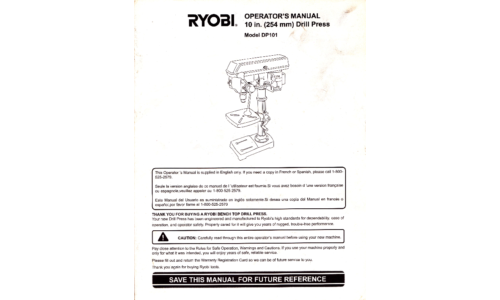 Ryobi Operators Manual 10 In. (254 Mm) Drill Press Model DP101